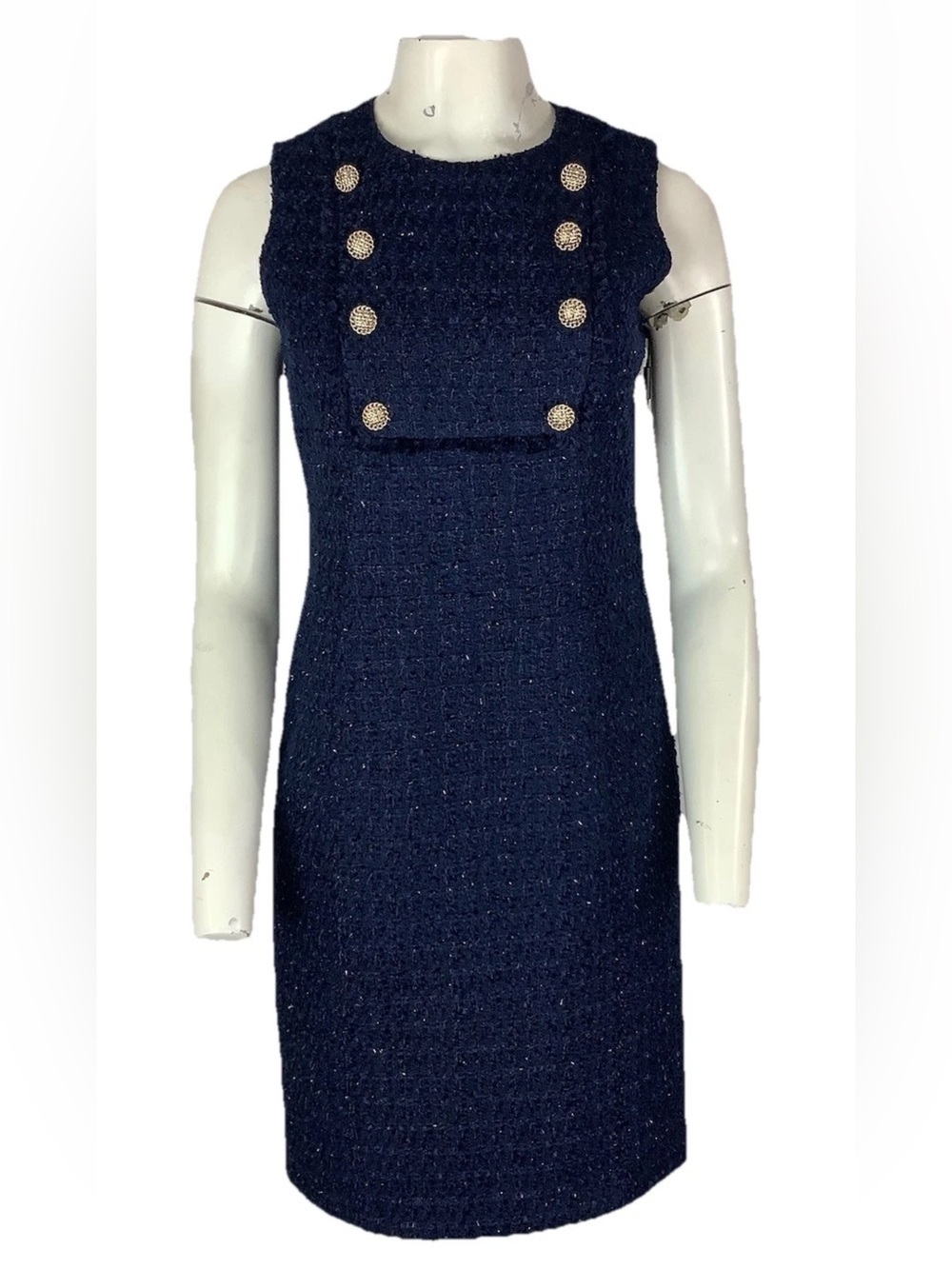 NWT Karl Lagerfeld Sz 4 Tweed Sheath Double Button Business Office Dress Blue